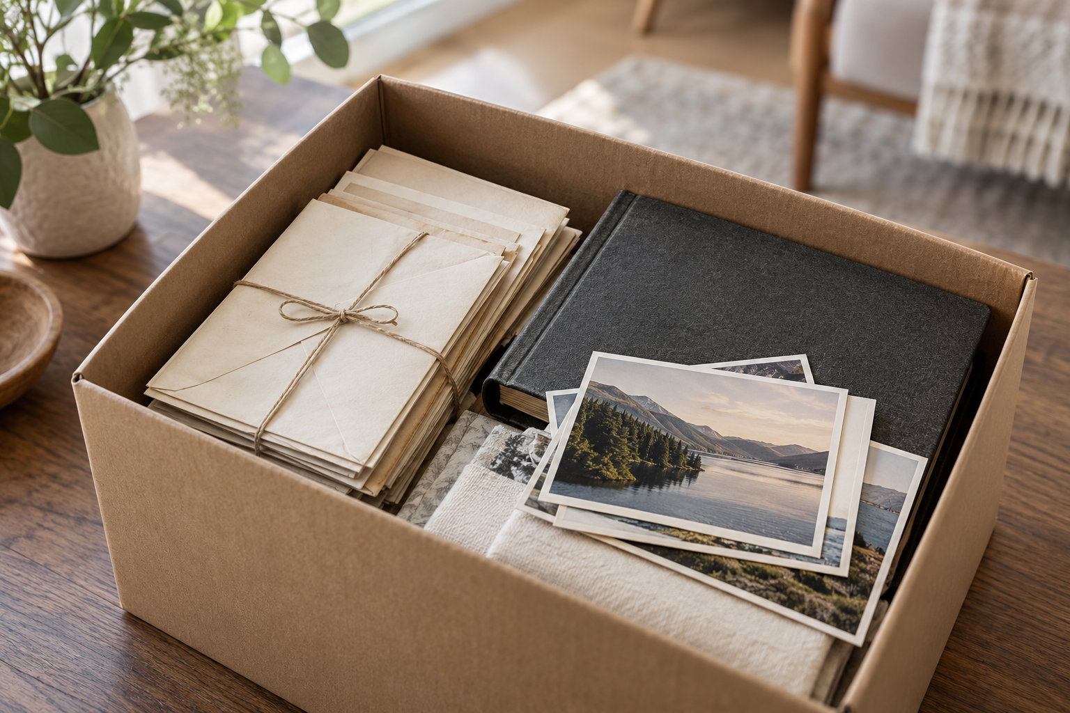 Symbolbild: Briefe, Fotos und ein Album ordentlich in einer Aufbewahrungsbox zu Hause